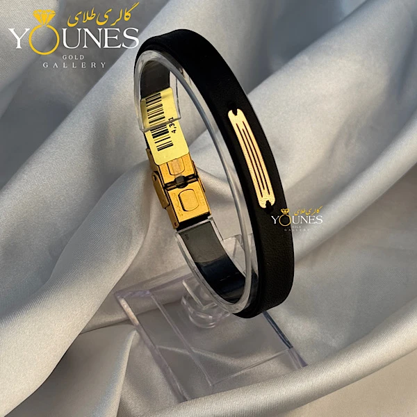 دستبند طلا مردانه چرم مشکی براق